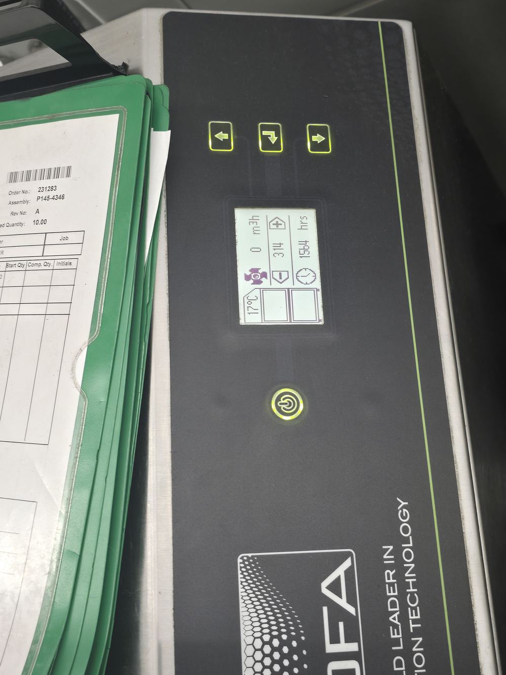 The BOFA fume extractor front control panel with its round power button.