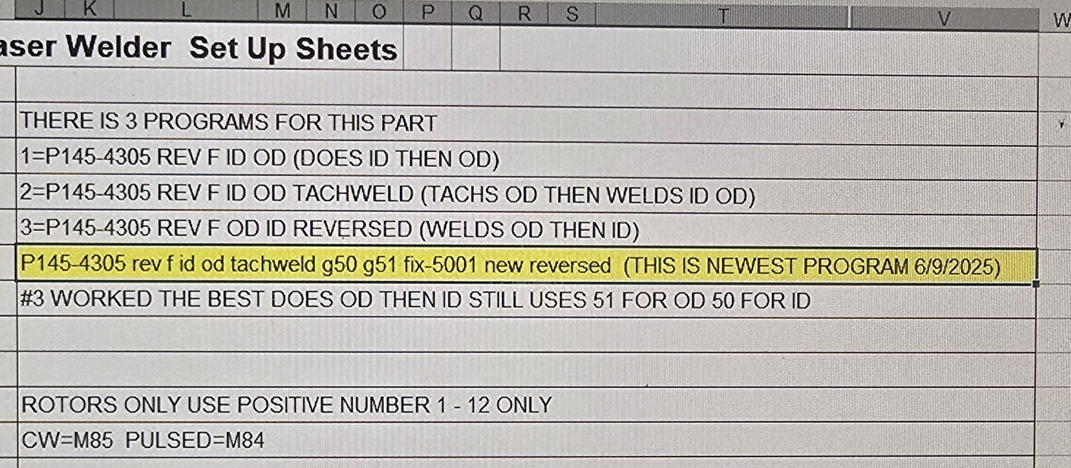 The setup sheet notes column enlarged: THERE IS 3 PROGRAMS FOR THIS PART, the three numbered programs, the highlighted newest, and #3 WORKED THE BEST.
