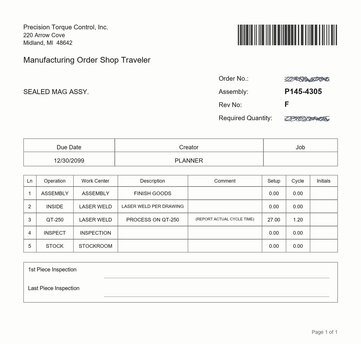 Mock-up of the Manufacturing Order Shop Traveler for P145-4305 Rev F, Assembly and Rev sharp, Order No and Quantity scribbled.