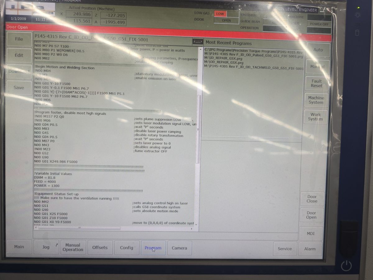 The machine HMI on the Program tab, with File, Edit, Download and Save buttons down the left.