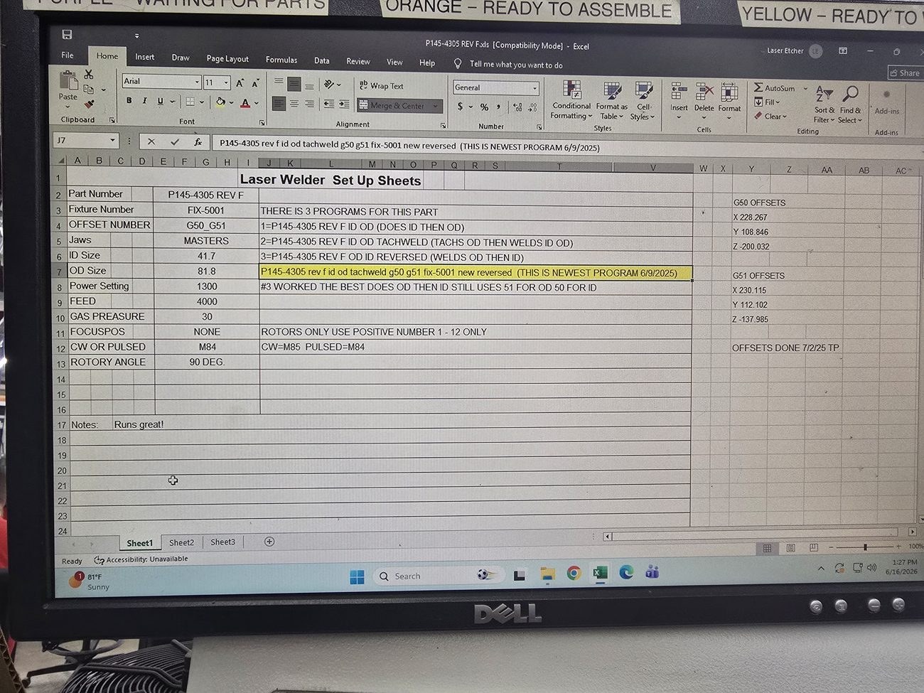 The setup sheet open in Excel for P145-4305 REV F with all twelve fields and the notes column.
